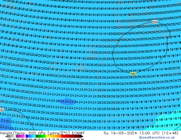Z500/Rain (+SLP)/Z850 ECMWF Su 19.05.2024 12 UTC