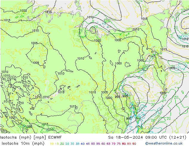 Isotachen (mph) ECMWF za 18.05.2024 09 UTC