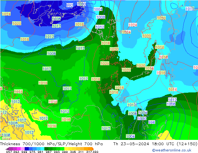 Thck 700-1000 hPa ECMWF Qui 23.05.2024 18 UTC