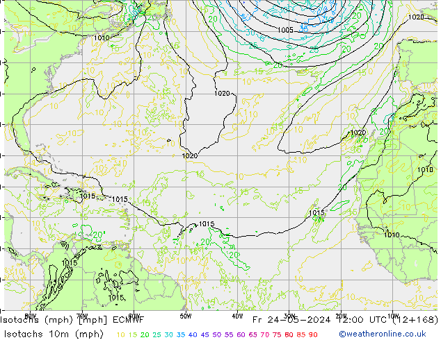 Isotachen (mph) ECMWF Fr 24.05.2024 12 UTC