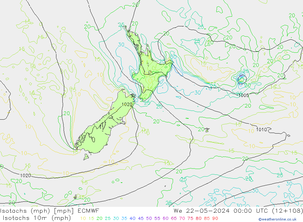 Izotacha (mph) ECMWF śro. 22.05.2024 00 UTC