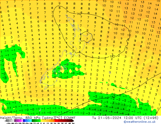 Z500/Rain (+SLP)/Z850 ECMWF Út 21.05.2024 12 UTC