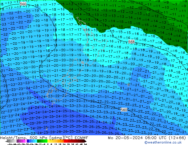 Z500/Rain (+SLP)/Z850 ECMWF Po 20.05.2024 06 UTC