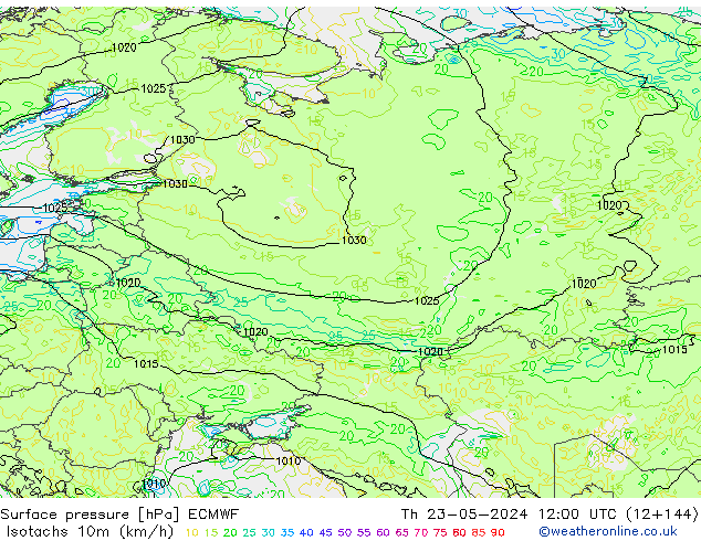 Izotacha (km/godz) ECMWF czw. 23.05.2024 12 UTC