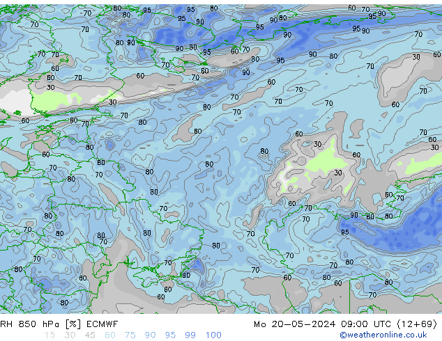 RH 850 hPa ECMWF Mo 20.05.2024 09 UTC