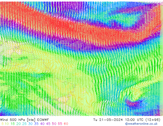 Wind 500 hPa ECMWF Út 21.05.2024 12 UTC