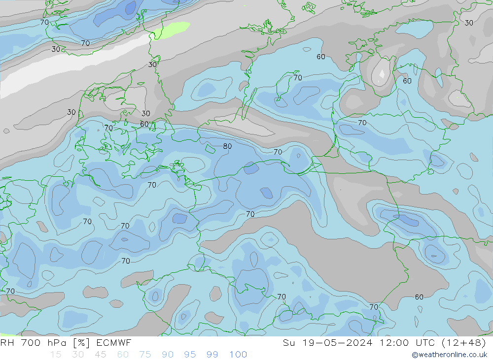 RH 700 hPa ECMWF Ne 19.05.2024 12 UTC