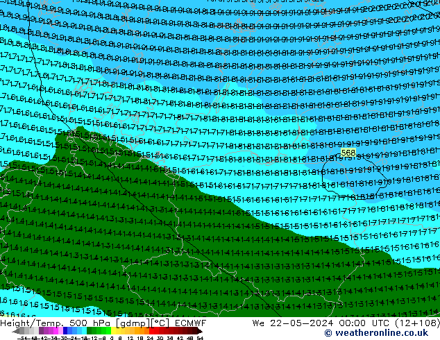 Z500/Rain (+SLP)/Z850 ECMWF We 22.05.2024 00 UTC