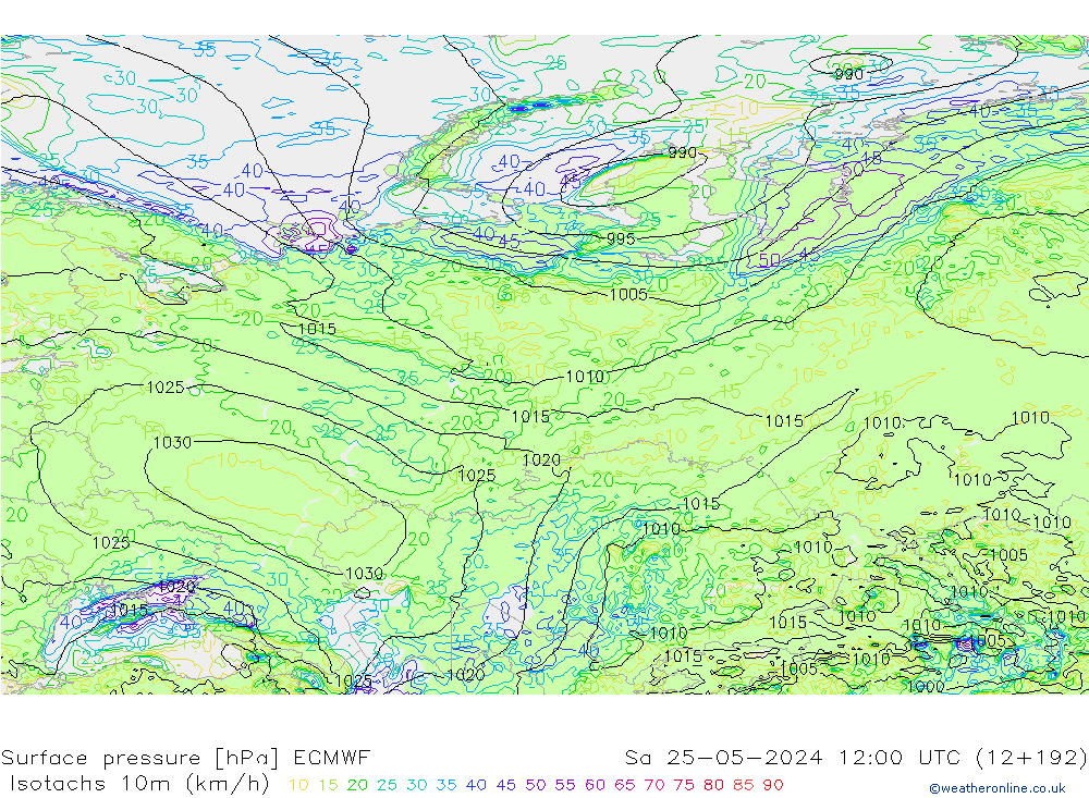 Isotaca (kph) ECMWF sáb 25.05.2024 12 UTC