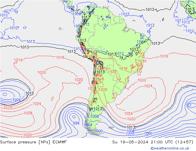 Atmosférický tlak ECMWF Ne 19.05.2024 21 UTC