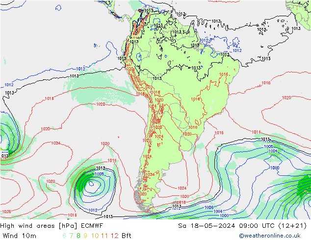 High wind areas ECMWF Sáb 18.05.2024 09 UTC
