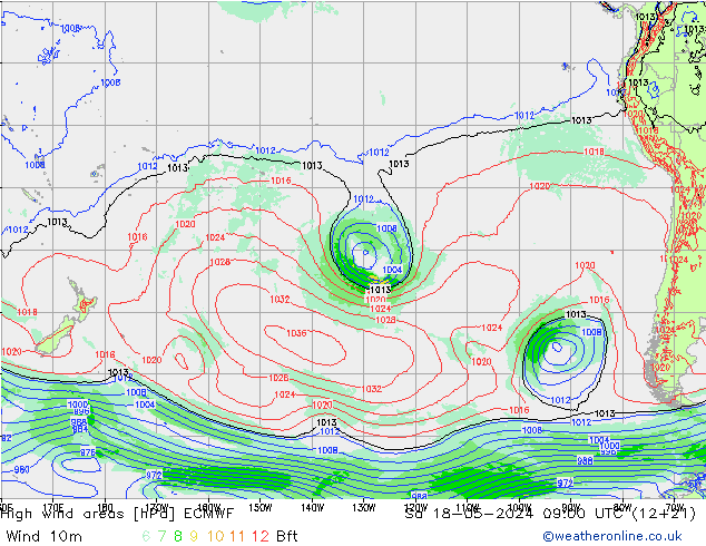 High wind areas ECMWF сб 18.05.2024 09 UTC