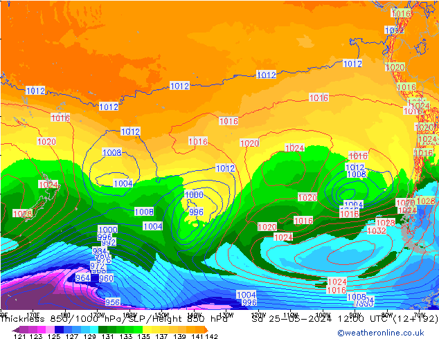 Dikte 850-1000 hPa ECMWF za 25.05.2024 12 UTC