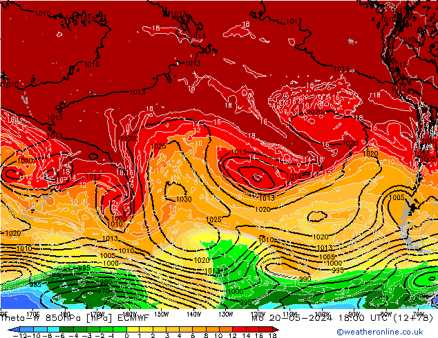 Theta-W 850гПа ECMWF пн 20.05.2024 18 UTC