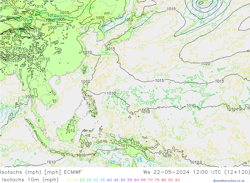 Isotachen (mph) ECMWF wo 22.05.2024 12 UTC