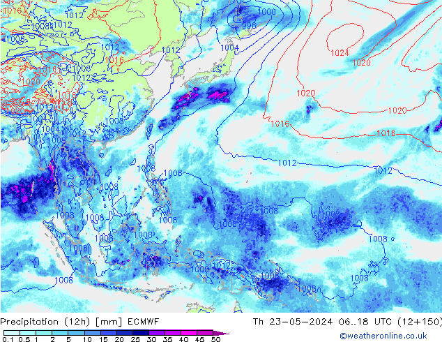 Precipitation (12h) ECMWF Čt 23.05.2024 18 UTC