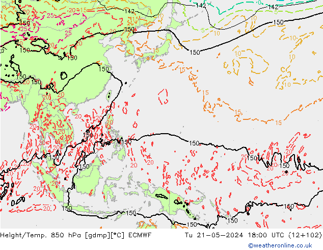 Z500/Rain (+SLP)/Z850 ECMWF wto. 21.05.2024 18 UTC