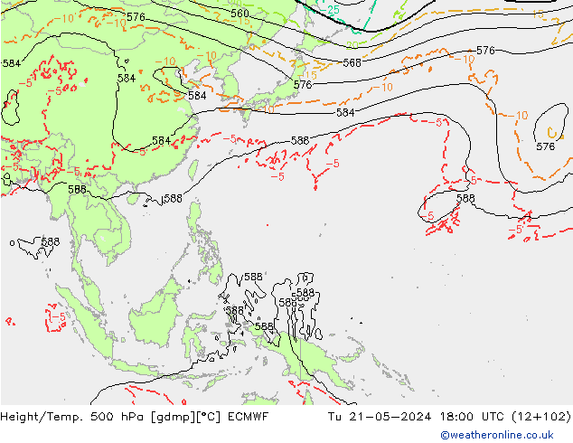 Z500/Rain (+SLP)/Z850 ECMWF wto. 21.05.2024 18 UTC