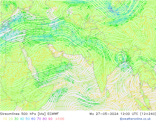 Linea di flusso 500 hPa ECMWF lun 27.05.2024 12 UTC