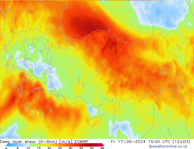 Deep layer shear (0-6km) ECMWF vr 17.05.2024 15 UTC