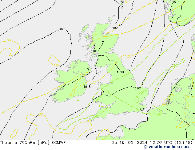 Theta-e 700hPa ECMWF Ne 19.05.2024 12 UTC
