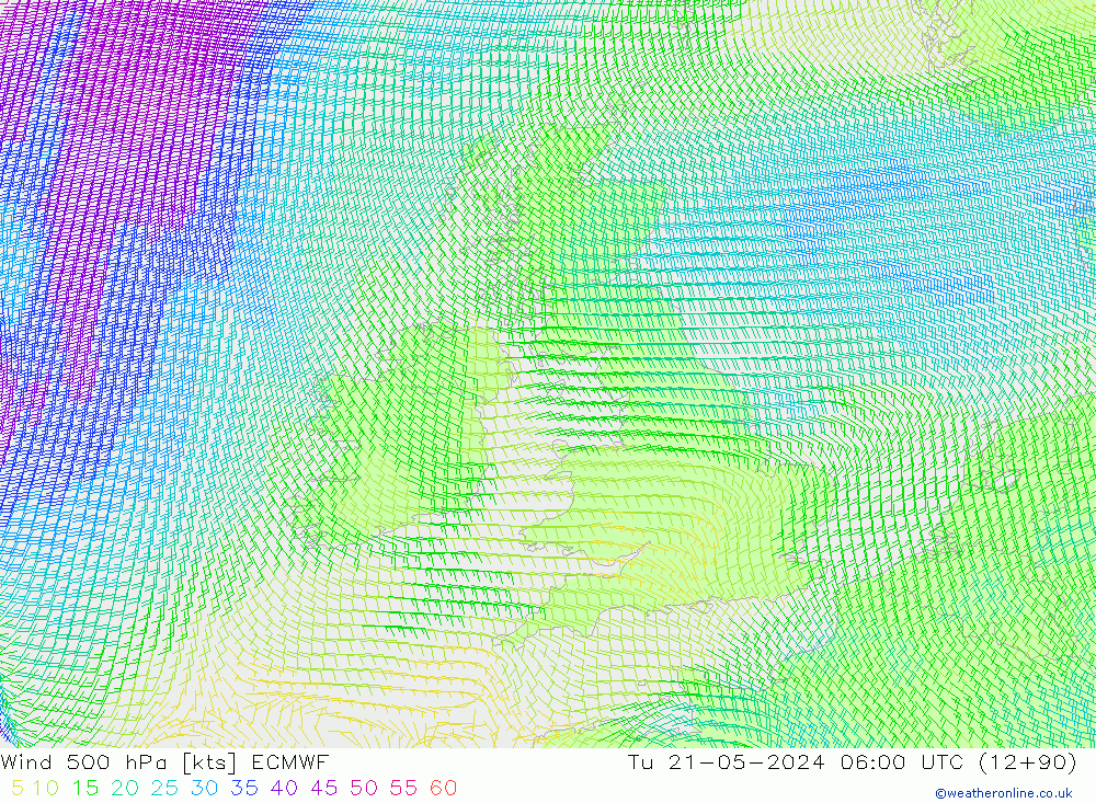Wind 500 hPa ECMWF Út 21.05.2024 06 UTC