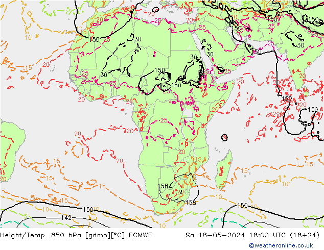 Geop./Temp. 850 hPa ECMWF sáb 18.05.2024 18 UTC