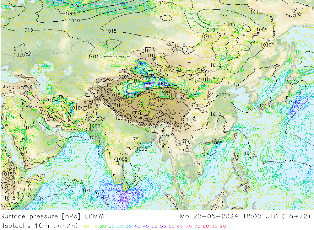 Isotachen (km/h) ECMWF Mo 20.05.2024 18 UTC