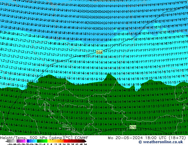 Z500/Rain (+SLP)/Z850 ECMWF pon. 20.05.2024 18 UTC