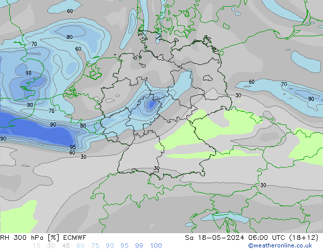 Humidité rel. 300 hPa ECMWF sam 18.05.2024 06 UTC