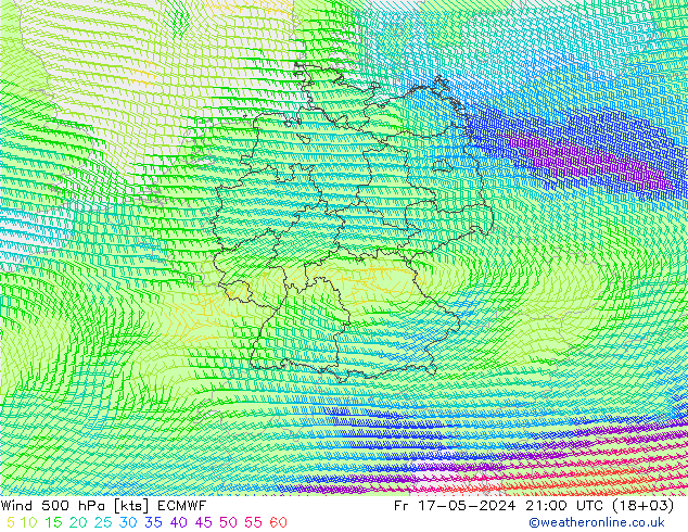 ветер 500 гПа ECMWF пт 17.05.2024 21 UTC
