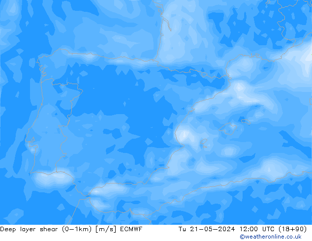 Deep layer shear (0-1km) ECMWF Tu 21.05.2024 12 UTC