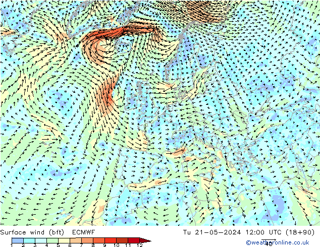 Rüzgar 10 m (bft) ECMWF Sa 21.05.2024 12 UTC