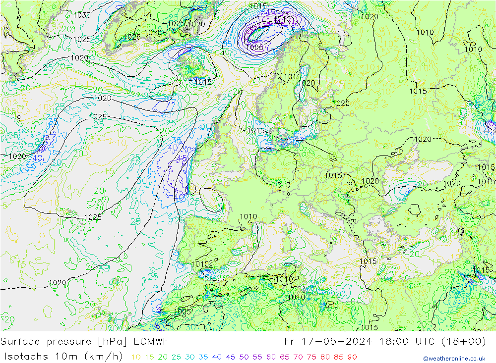Isotachen (km/h) ECMWF vr 17.05.2024 18 UTC