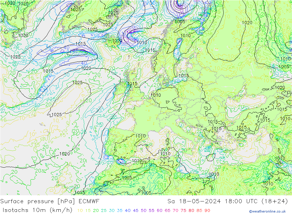 Isotachs (kph) ECMWF сб 18.05.2024 18 UTC