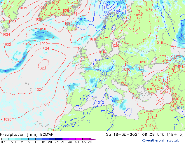 Srážky ECMWF So 18.05.2024 09 UTC