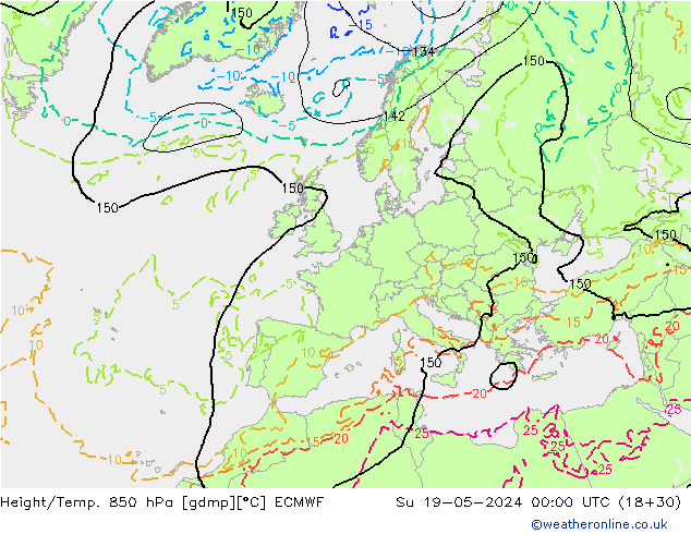 Géop./Temp. 850 hPa ECMWF dim 19.05.2024 00 UTC