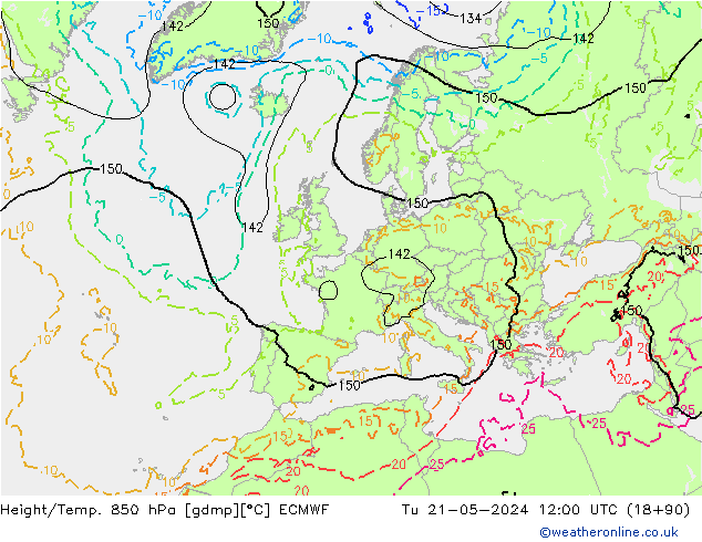 Géop./Temp. 850 hPa ECMWF mar 21.05.2024 12 UTC