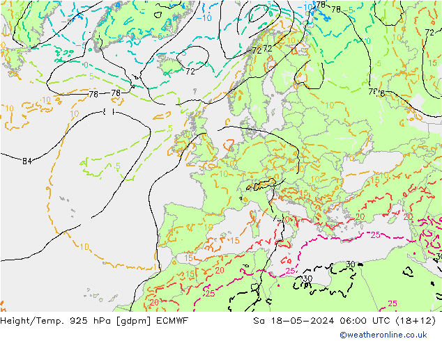 Hoogte/Temp. 925 hPa ECMWF za 18.05.2024 06 UTC
