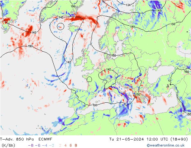 T-Adv. 850 hPa ECMWF mar 21.05.2024 12 UTC