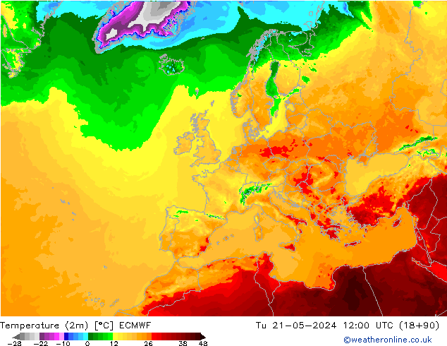 Temperatura (2m) ECMWF Ter 21.05.2024 12 UTC