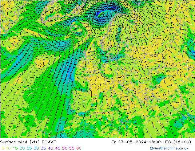 Surface wind ECMWF Fr 17.05.2024 18 UTC