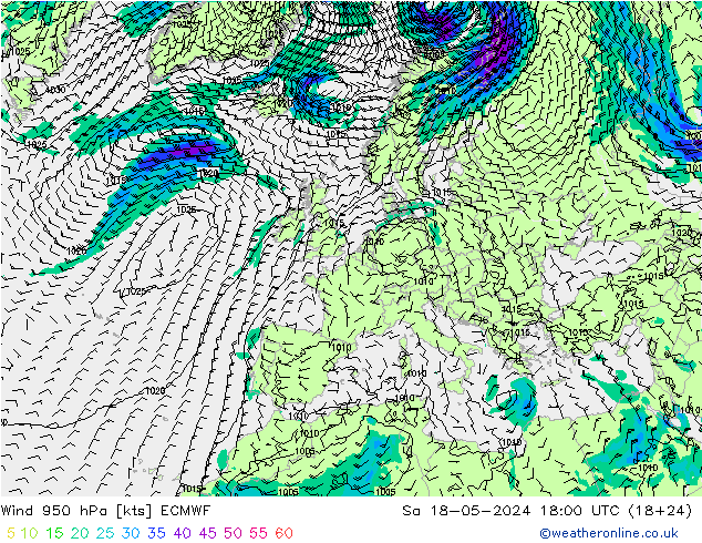 Wind 950 hPa ECMWF Sa 18.05.2024 18 UTC