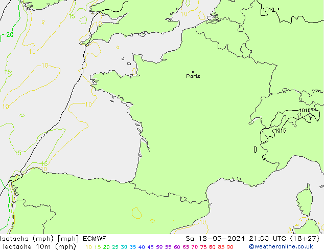 Isotachs (mph) ECMWF сб 18.05.2024 21 UTC