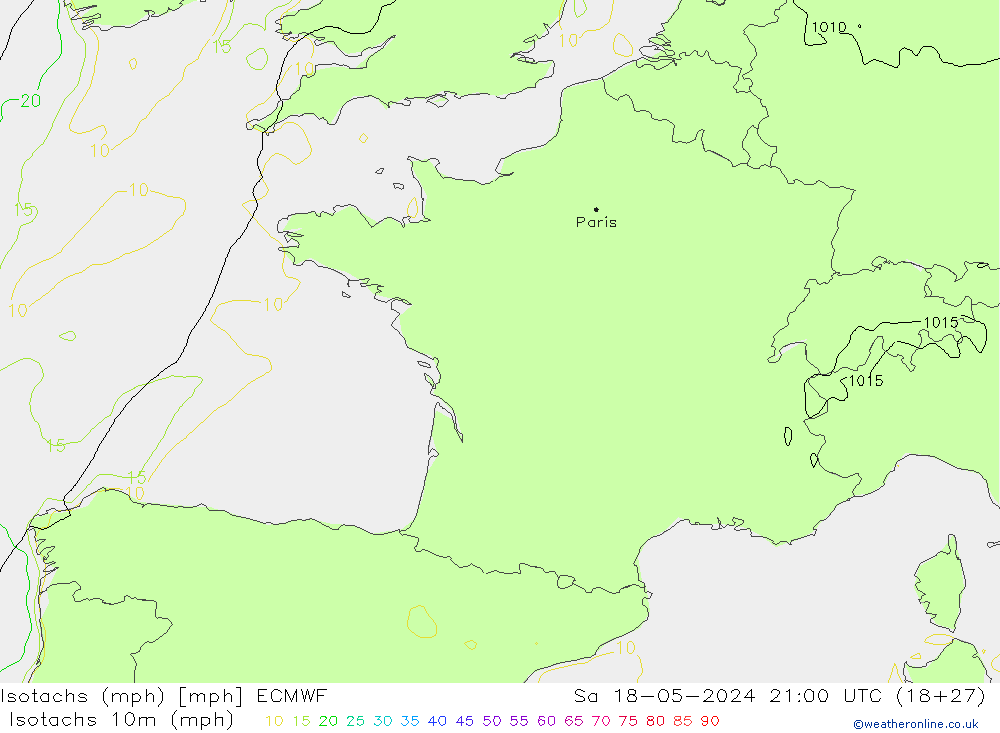 Isotachen (mph) ECMWF Sa 18.05.2024 21 UTC
