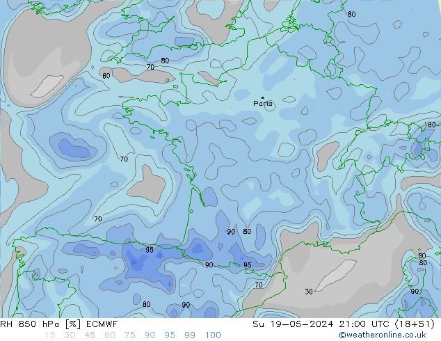Humidité rel. 850 hPa ECMWF dim 19.05.2024 21 UTC