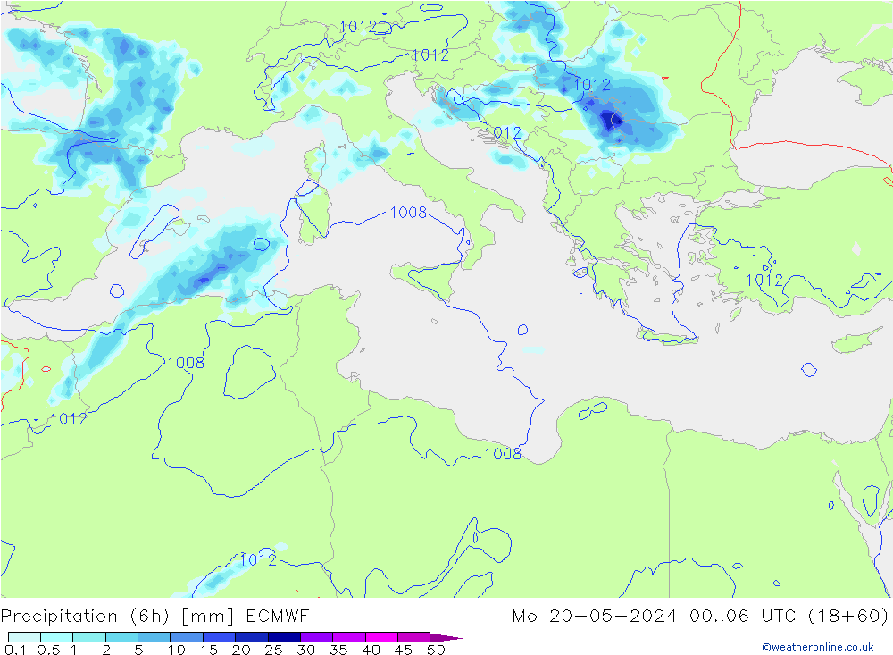 Precipitation (6h) ECMWF Mo 20.05.2024 06 UTC