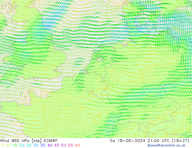 wiatr 850 hPa ECMWF so. 18.05.2024 21 UTC