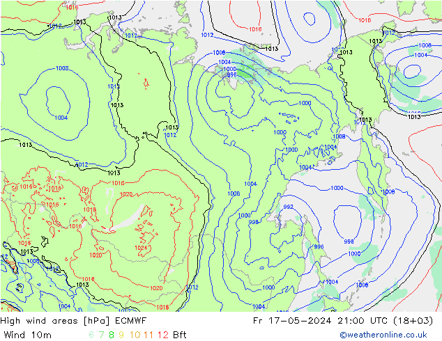 High wind areas ECMWF Pá 17.05.2024 21 UTC