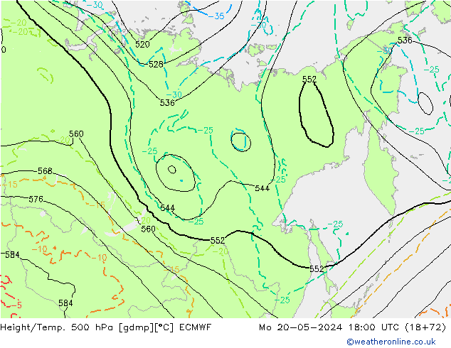 Z500/Rain (+SLP)/Z850 ECMWF Po 20.05.2024 18 UTC